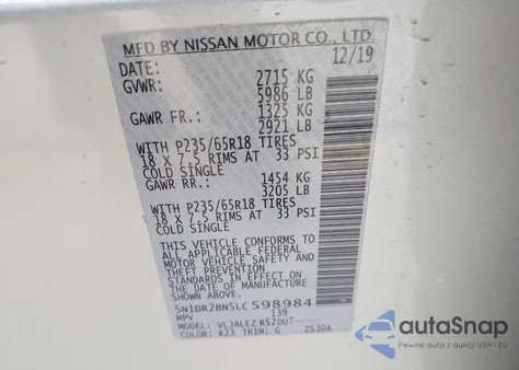 2020 Nissan Pathfinder Sv 2Wd из США, поврежденный, VIN 5N1DR2BN5LC598984